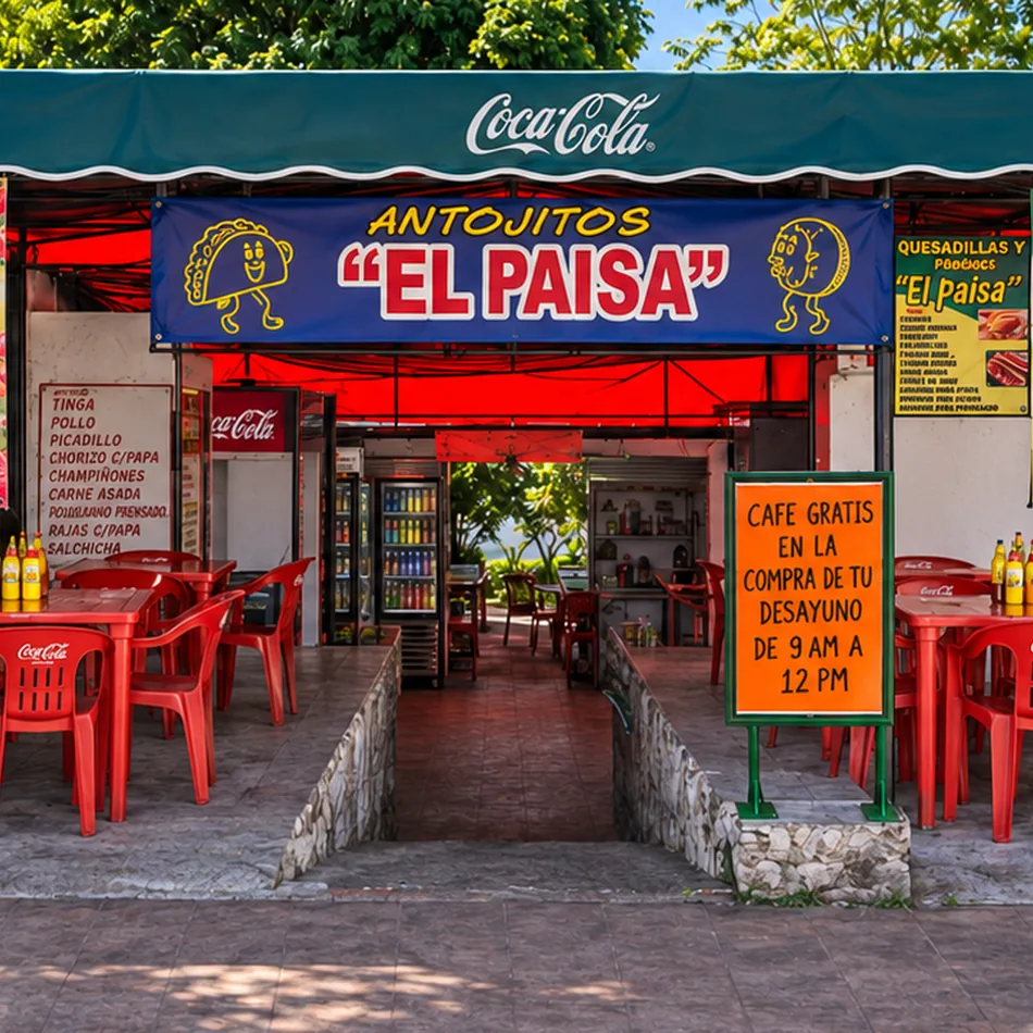 Entrada de Antojitos El Paisa, con su toldo y mesas, Cancún