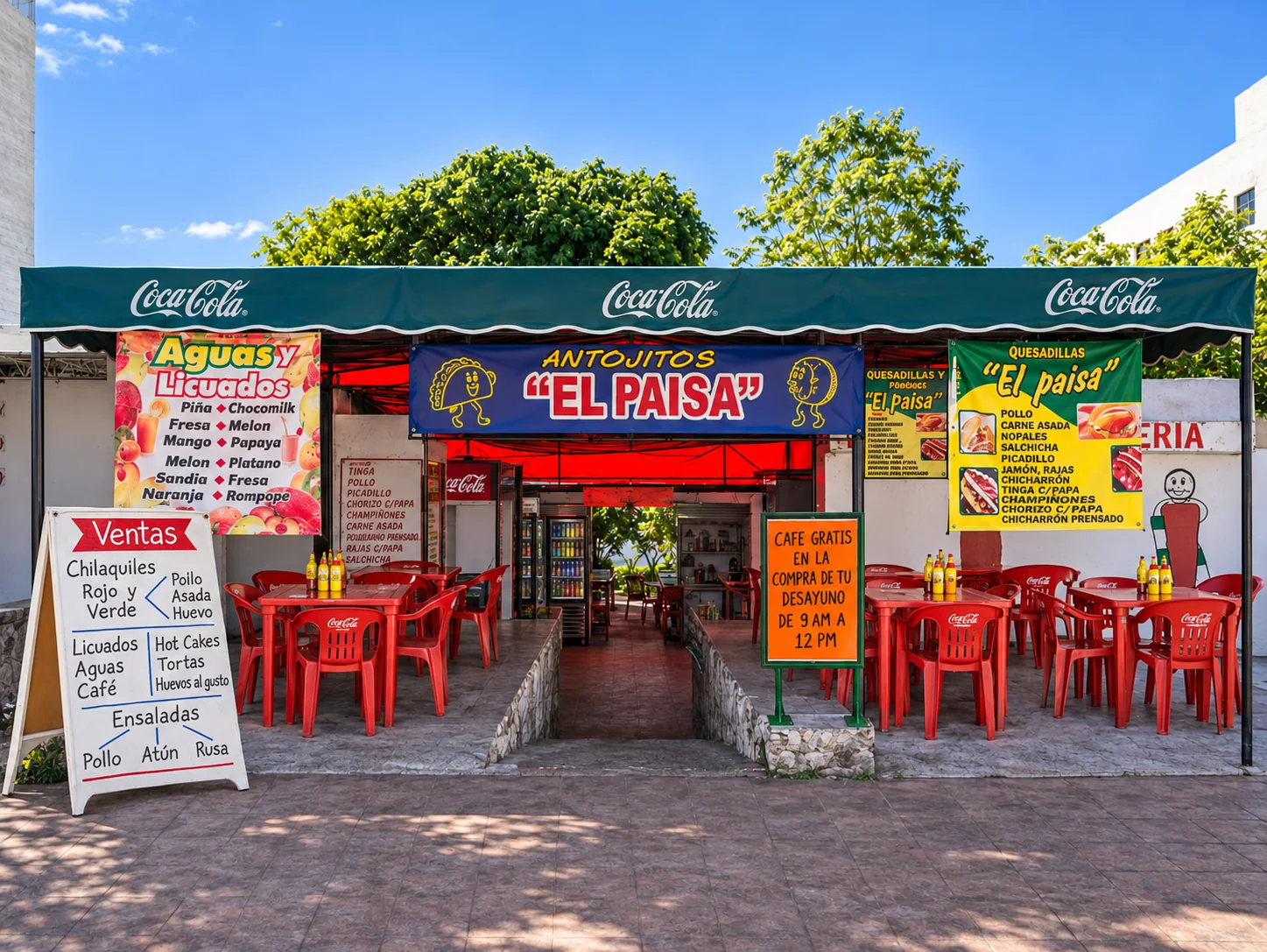 Vista frontal recreada del local Antojitos El Paisa en la avenida Carlos Nader, Cancún